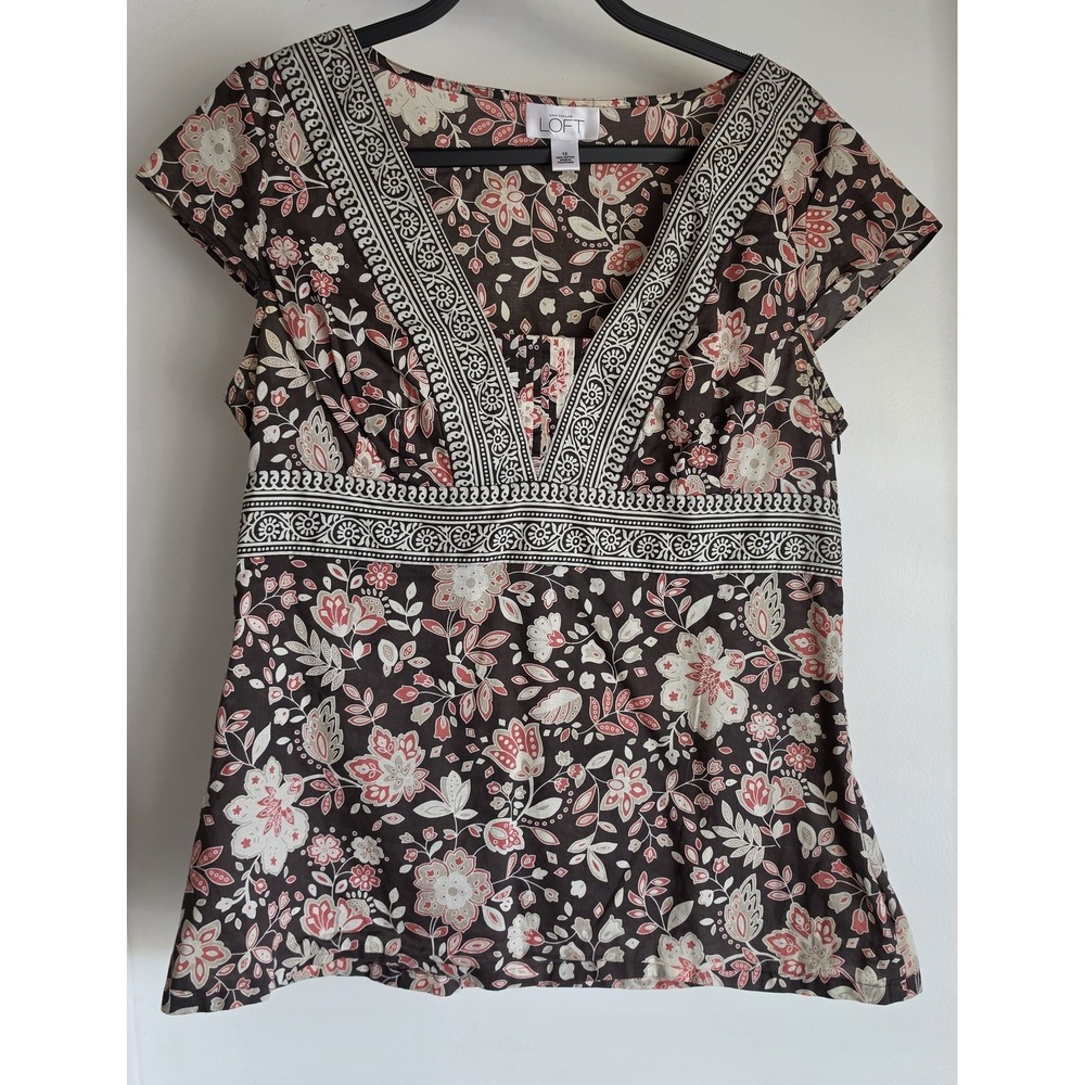 Ann Taylor LOFT Blouse Size 12 Floral Brown Pink Cotton Babydoll Boho Top